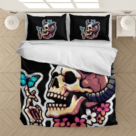 Pixel Art Horned Skull enjoy the butterflies Bedding Sets