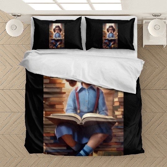 A sweet 5 year old girl wearing a light blue butto Bedding Sets