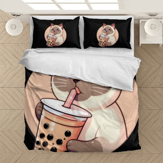Siamese cat having bubble tea Bedding Sets