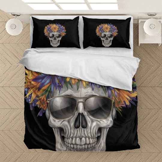 Human skull Bedding Sets flower crown and sunglasses