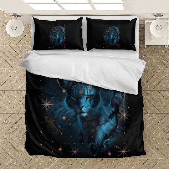 Lurking young male lion with stars and floral orna Bedding Sets