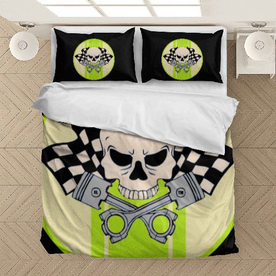 Light green racing stripe with skull and pistons Bedding Sets