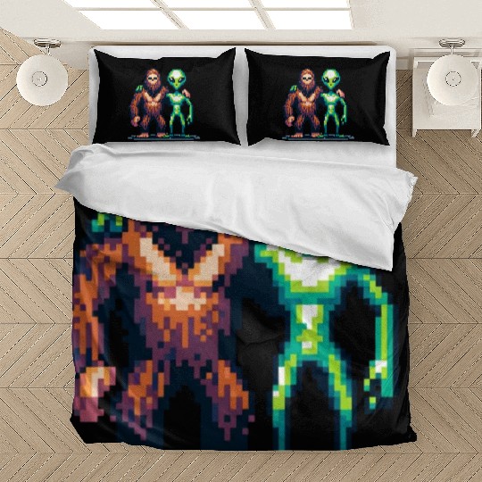 Bigfoot and Alien Friends Pixel Art Bedding Sets