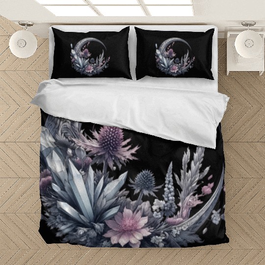 Crescent moon in silver, with crystals and flowers Bedding Sets