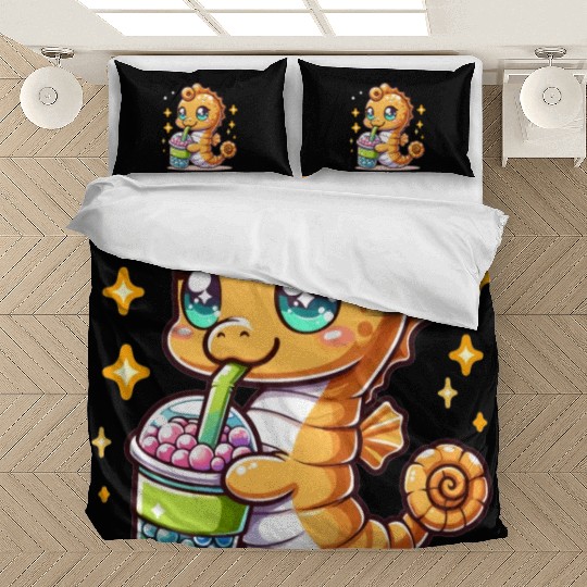 Kawaii Sea Horse Enjoys Bubble Tea Sea Animal Boba Bedding Sets