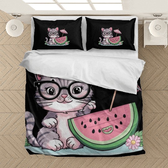 cute kitten an watermelon slice vector illustratio Bedding Sets