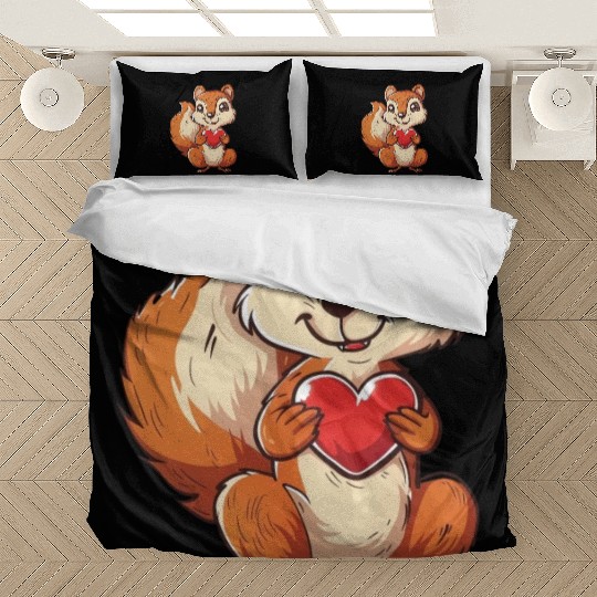 Adorable Squirrel with Red Heart Illustration Bedding Sets