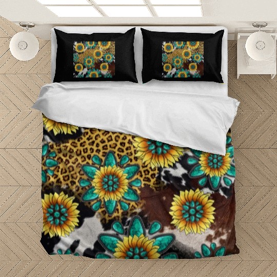 Turquoise Gemstone Sunflowers Leopard Cowhide Bedding Sets