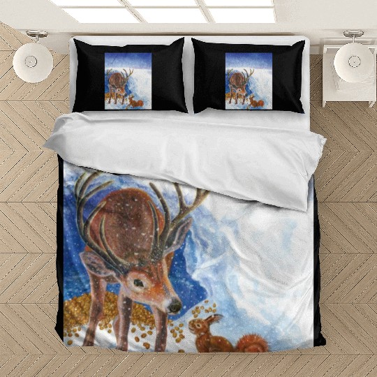 Red Deer and Squirrel in Winter Illustration Bedding Sets