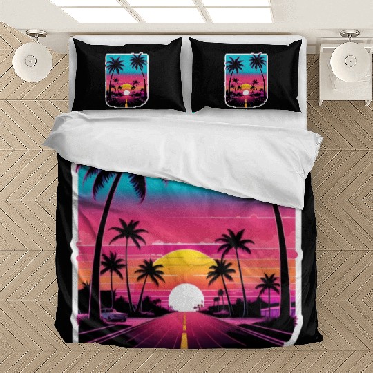Lonely Road to Miami Sunset Vaporwave 80s Bedding Sets