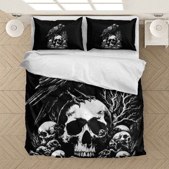 Dark Art Crows Raven Bird with Skull Bones Vintage Bedding Sets