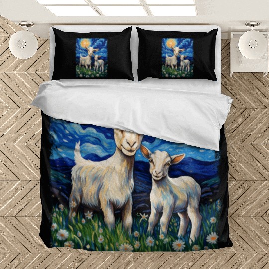 Goats Farm Animals Farmer Starry Night Painting Bedding Sets