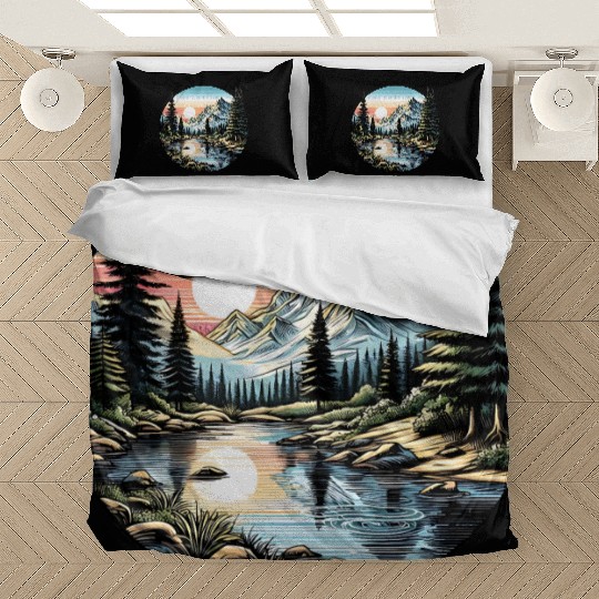 Tranquil Mountain Sunrise: Serene Landscape Art Bedding Sets