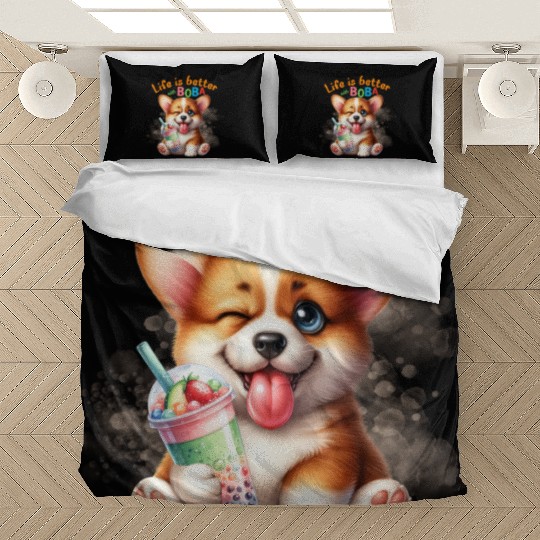 Corgi with BOBA tea Milk TEA Bubble tea Bedding Sets