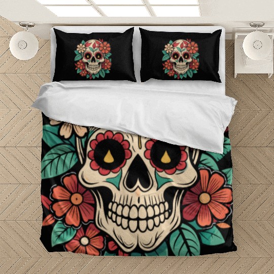Vintage Retro Halloween Sugar Skull with floral Bedding Sets