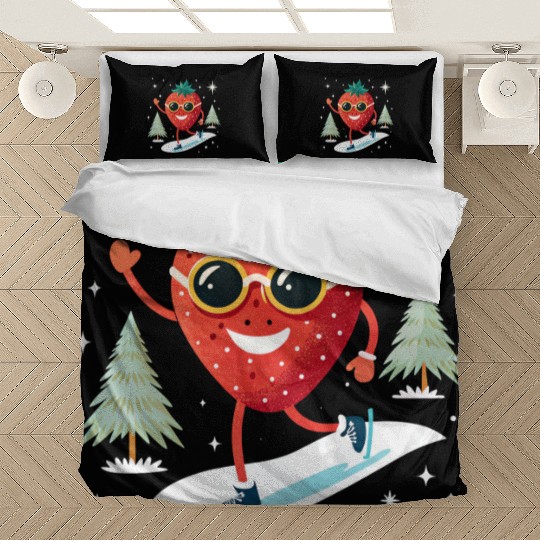 Strawberry with sunglasses skating on snow. Bedding Sets