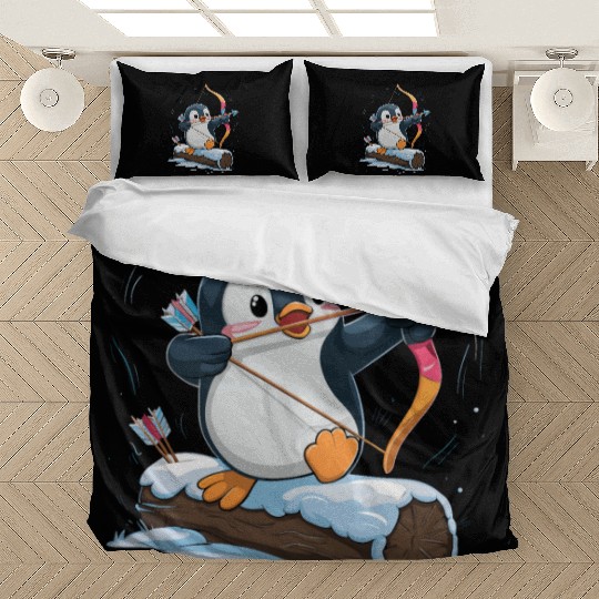 Penguin Archer Aiming in Winter Snow Scene Bedding Sets