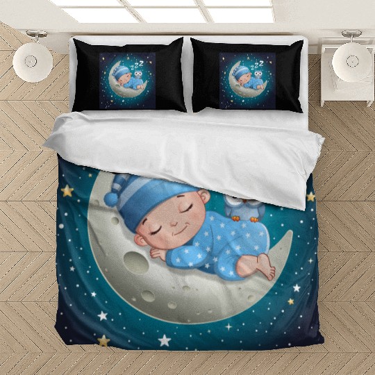 Sleeping baby on the moon with owl. Bedding Sets