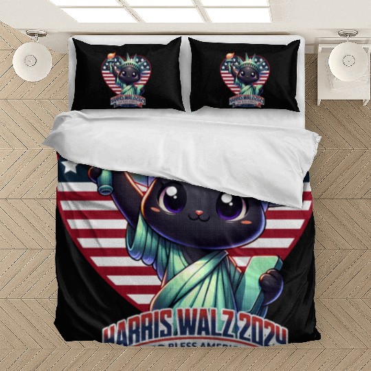 Cute Cat as Statue of Liberty with Harris Walz Bedding Sets