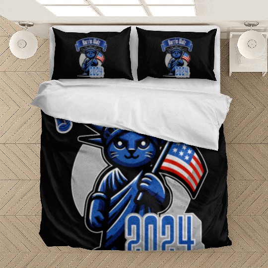 Cat Lady Harris Walz Statue of Liberty 2024 Bedding Sets