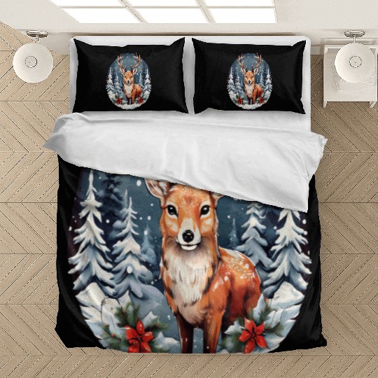 Christmas Deer with Poinsettia and Snow Bedding Sets