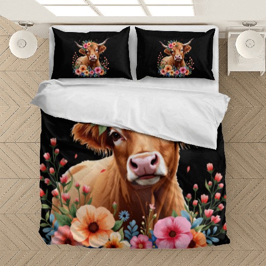 Cute Scottish Highland Cow Floral Bedding Sets