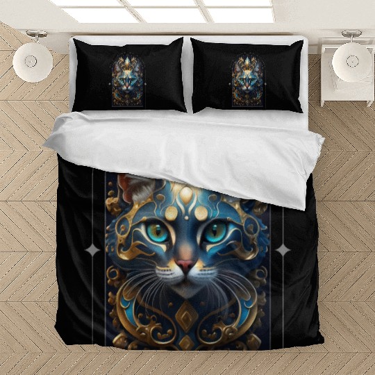 Elegant stylish blue and gold cat face Bedding Sets