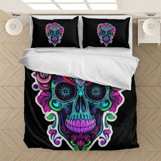 A vibrant and abstract sugar skull Calavera Bedding Sets