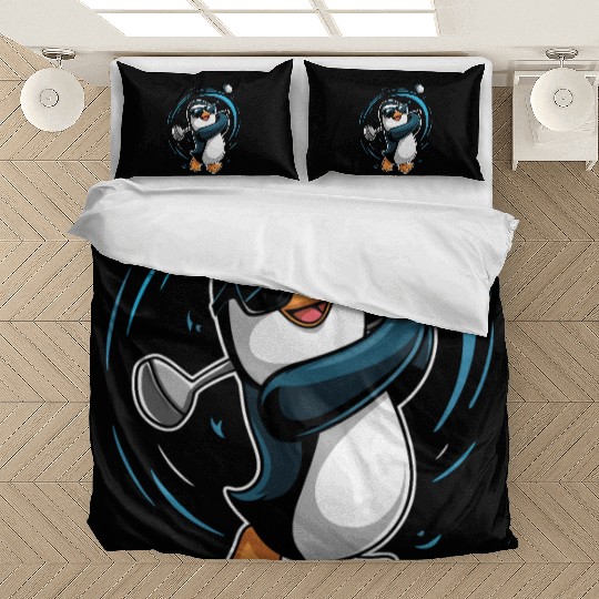 Penguin Golfer Swinging Club Fun Golf Art Bedding Sets