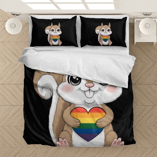 Cute Squirrel Holding Rainbow Heart LGTBQ Love Bedding Sets