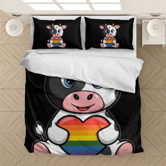 LGTBQ Cow Holding Rainbow Heart Bedding Sets