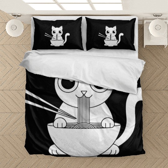 Cute Cat Eating Ramen Kawaii Food Design Bedding Sets
