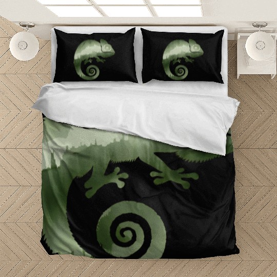 green chameleon monochrome silhouette Bedding Sets