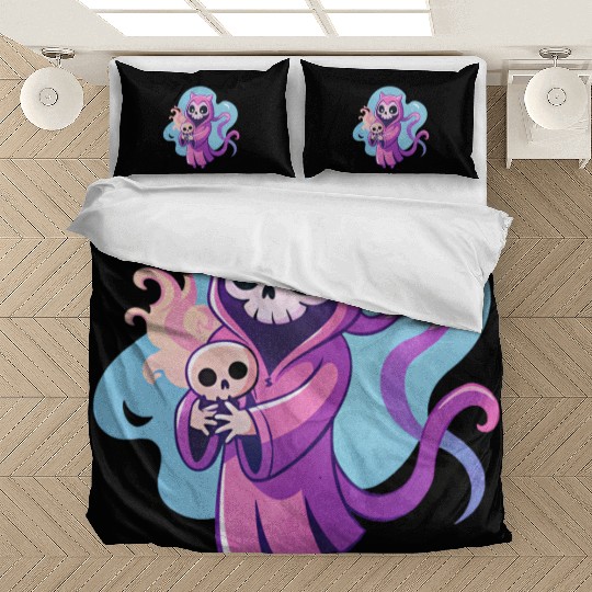 skeletal figure, violet pink robe, lavender puppy Bedding Sets