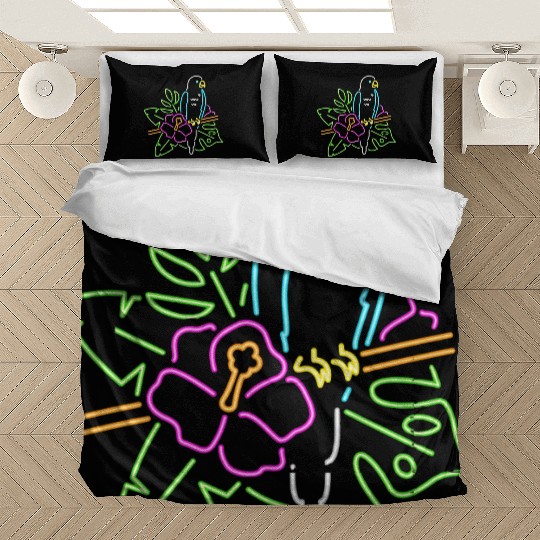 Neon Tropical Parrot with Hibiscus Flower - Colorf Bedding Sets