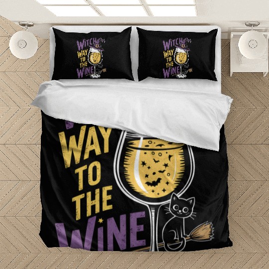 Spooky Witch Hat with Wine Glass and Halloween Cat Bedding Sets
