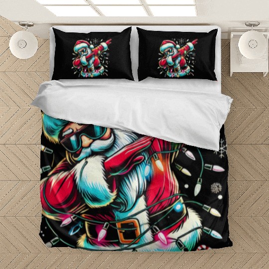 Dabbing Santa with Christmas Lights and Snowflakes Bedding Sets