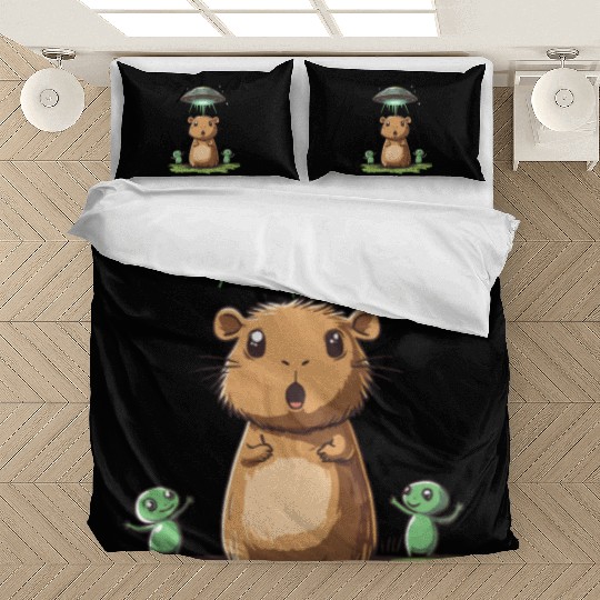 Funny Graphic Bedding Sets Capybara Selfie With Ufos Weird