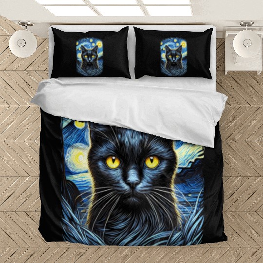 Funny Starry Night Black Cat Van Gogh Art Cat Bedding Sets