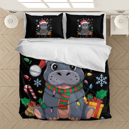 Cute Christmas Hippo - Holiday Lights and Gifts Bedding Sets