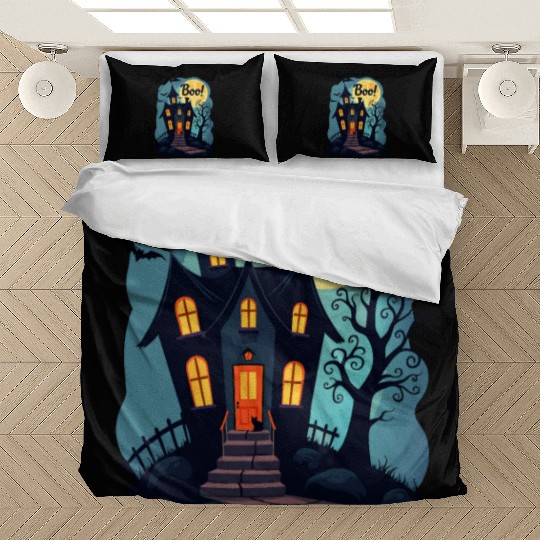 spooky haunted house with a black cat sitting Bedding Sets