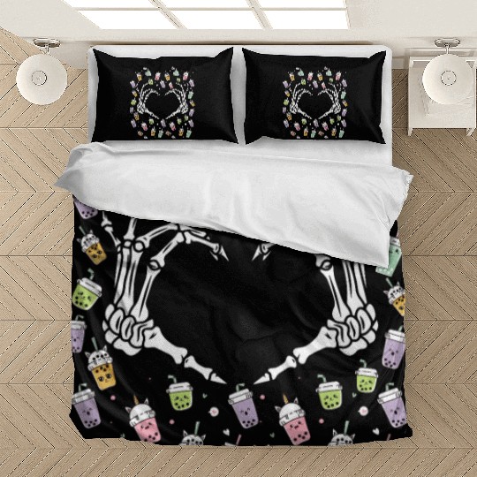 Skeletal Embrace: A Bubble Tea Love Story Bedding Sets