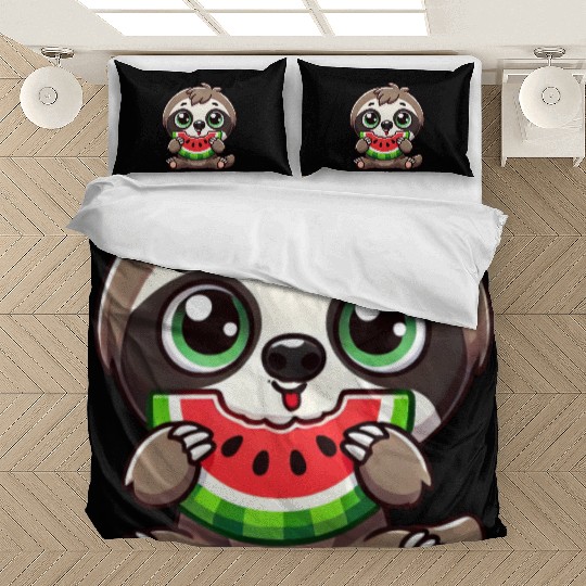 Sloth with watermelon cartoon summer vibes Bedding Sets