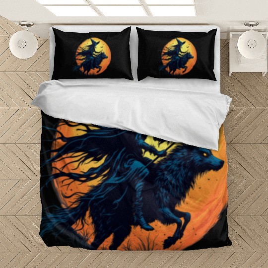 Halloween Witch Riding a Wolf Under Full Moon Bedding Sets