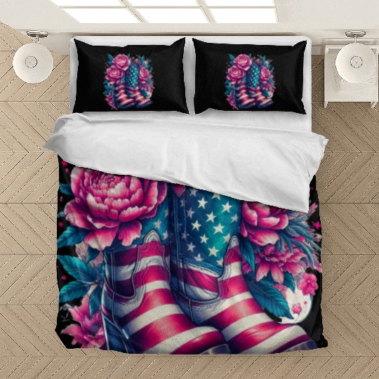 American Flag Cowgirl Boots Flowers Bedding Sets