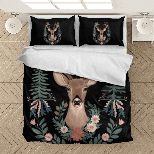 Cottagecore Deer with Floral Wreath and Evergreen Bedding Sets