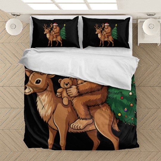 Teddy Santa Bigfoot ride a deer Christmas Bedding Sets