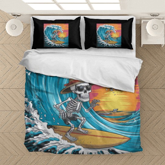 Surfing Skeleton Vibes Surfing Lifestyle Retro Bedding Sets