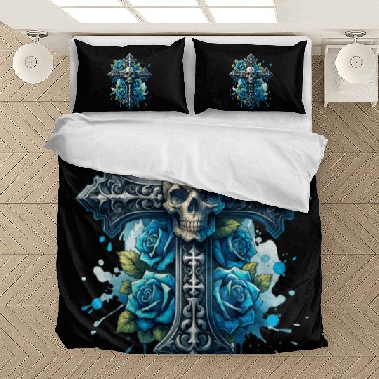 Gothic Collection - Cross, Skull & Blue Roses Bedding Sets