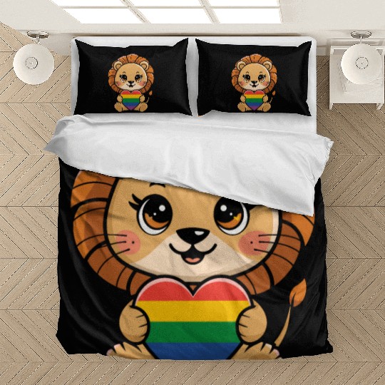 Cute Lion Holding Rainbow Heart LGTBQ Pride Bedding Sets